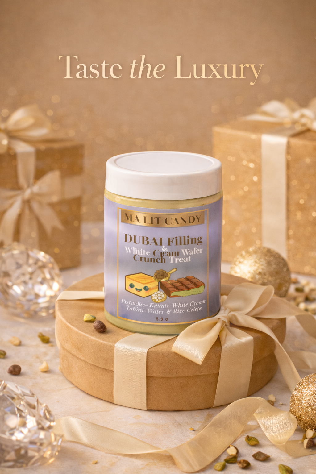 Dubai Chocolate Dessert Jar - Pistachio Kataifi White Cream Crunch with Rice Crisps - 5.2 oz - MA LIT CANDY Layered Dubai Chocolate Treat Jar - Great Gourmet Gift