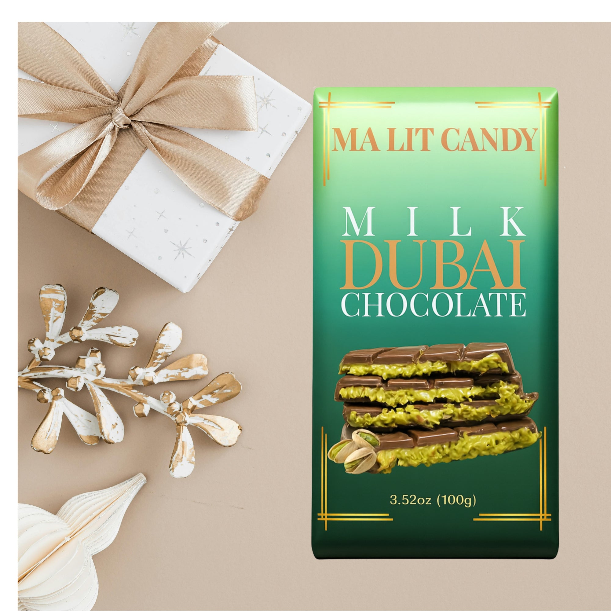 Dubai Chocolate Bar - 3 Pack - 3.52 oz each - Luxury MA LIT CANDY Milk Chocolate Dubai Knafeh Bar with Rich Filling - Great Gift for the Holidays